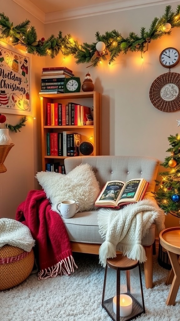 Cozy Christmas Reading Nook Ideas A cozy Christmas reading nook with an armchair, pillows, a bookshelf, and festive decorations.